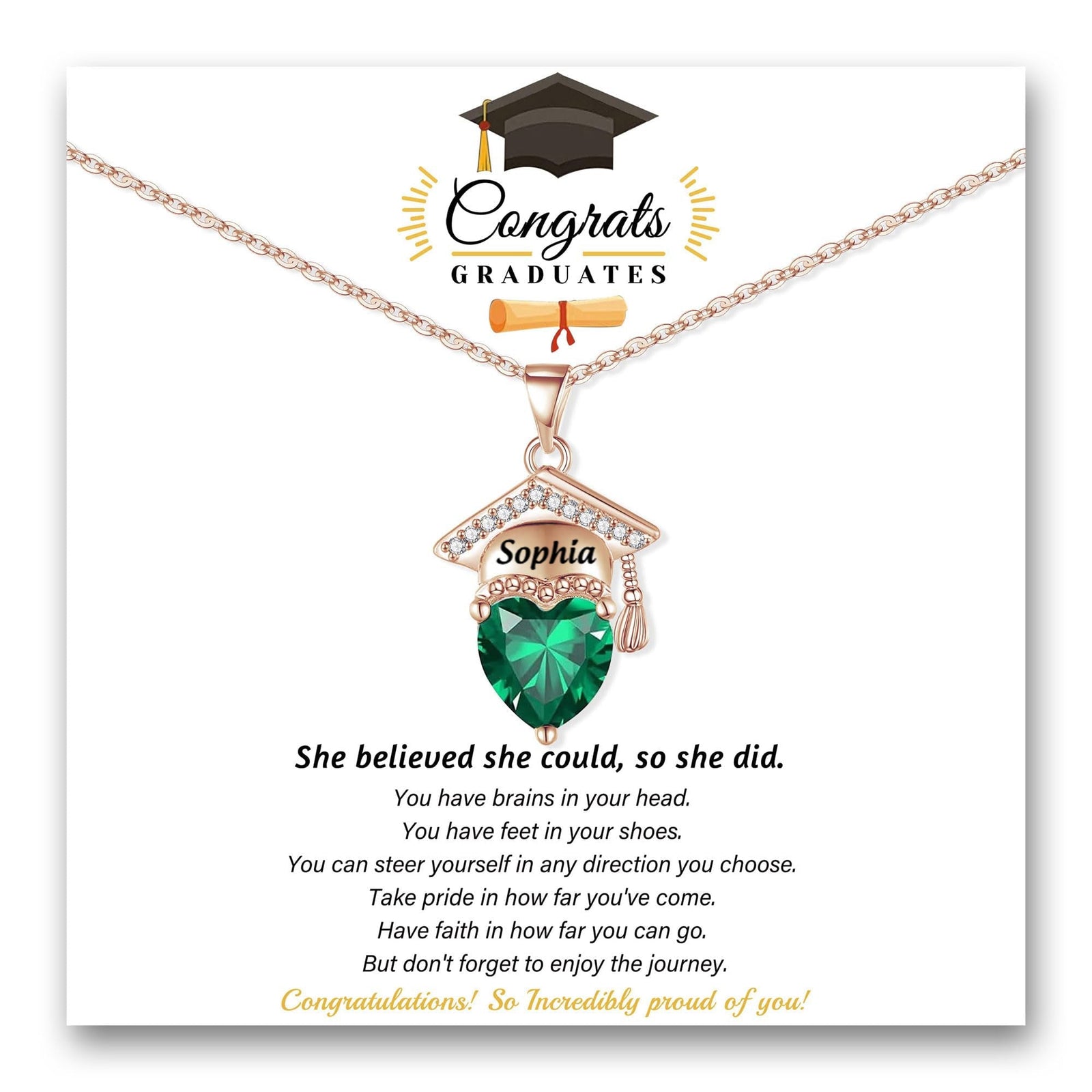 Engraved Name Personalized Bachelor Hat Heart Shaped Birthstone Graduation Necklace