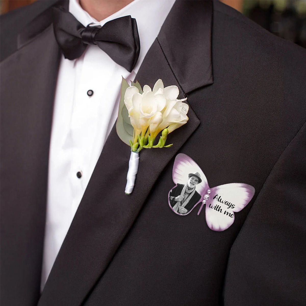 Personalized Silk Butterfly Memorial Brooch Pin with Words Photo and Crystal