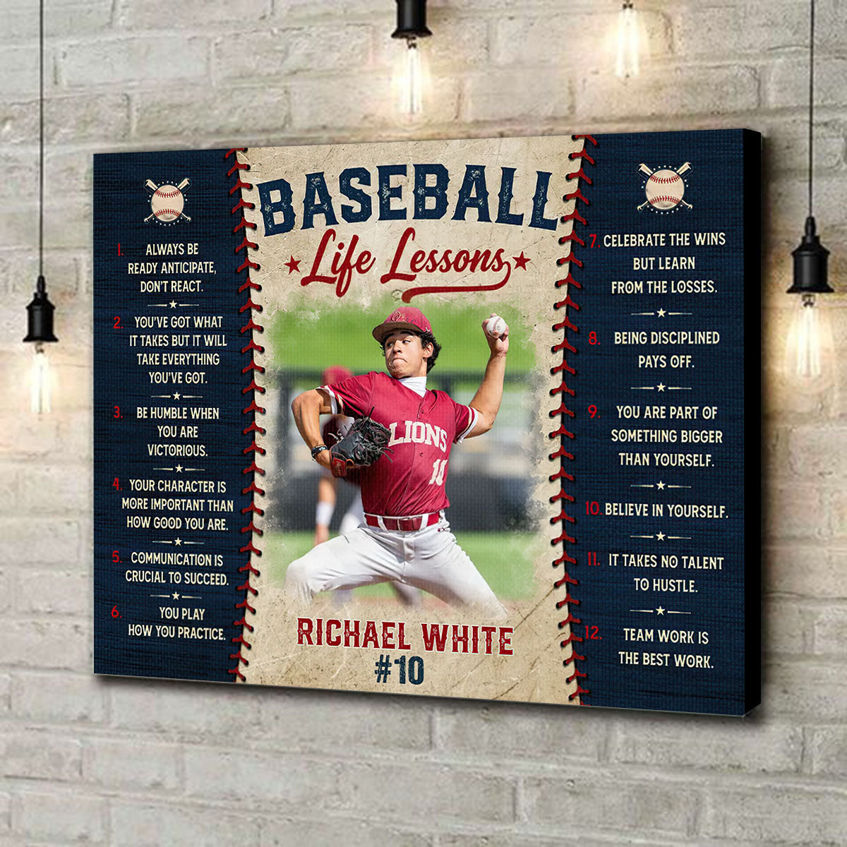 Baseball Life Lessons Canvas, Personalized Baseball Wall Art, Custom Player Name & Number
