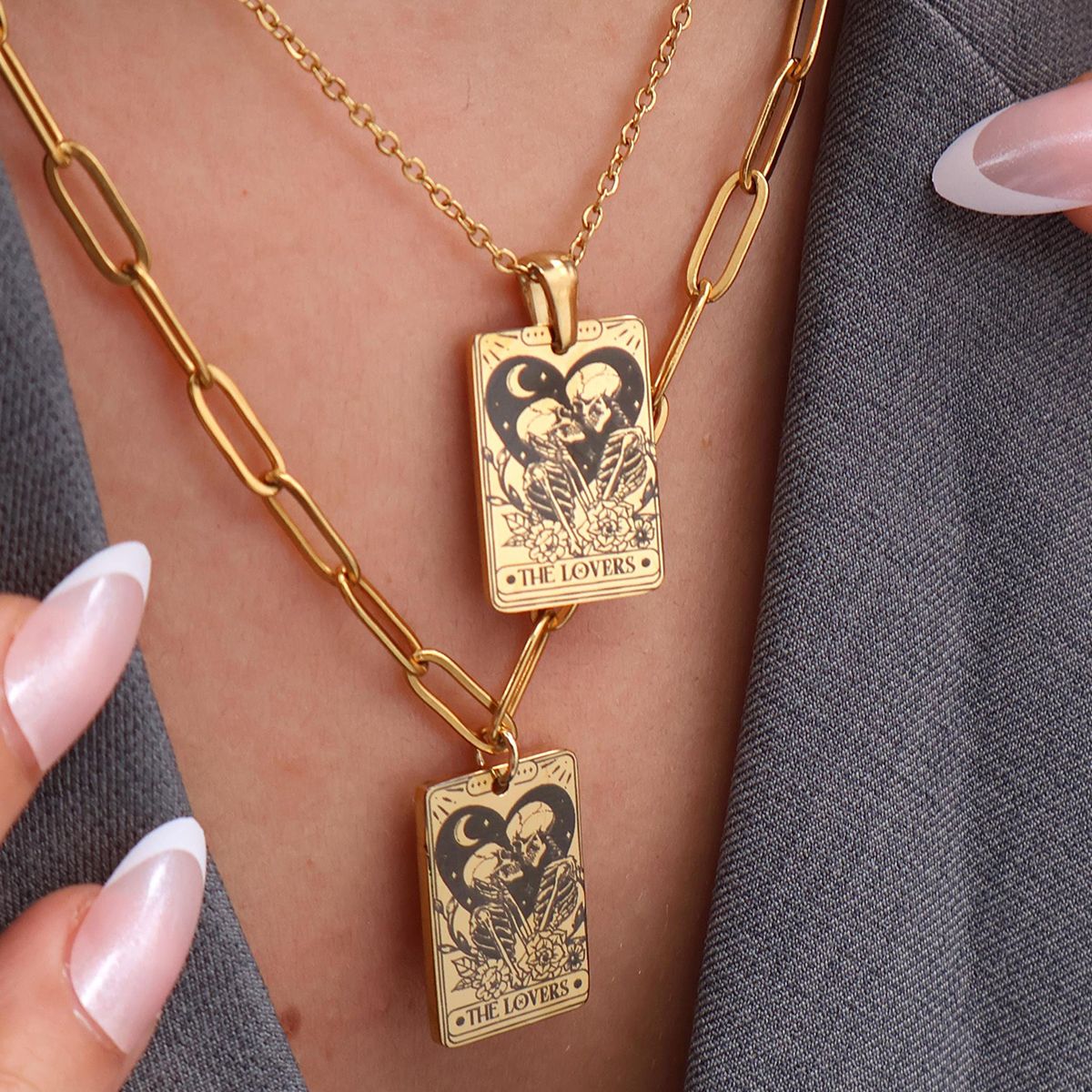 Personalized Couple Skull The Lovers Tarot Card Necklace