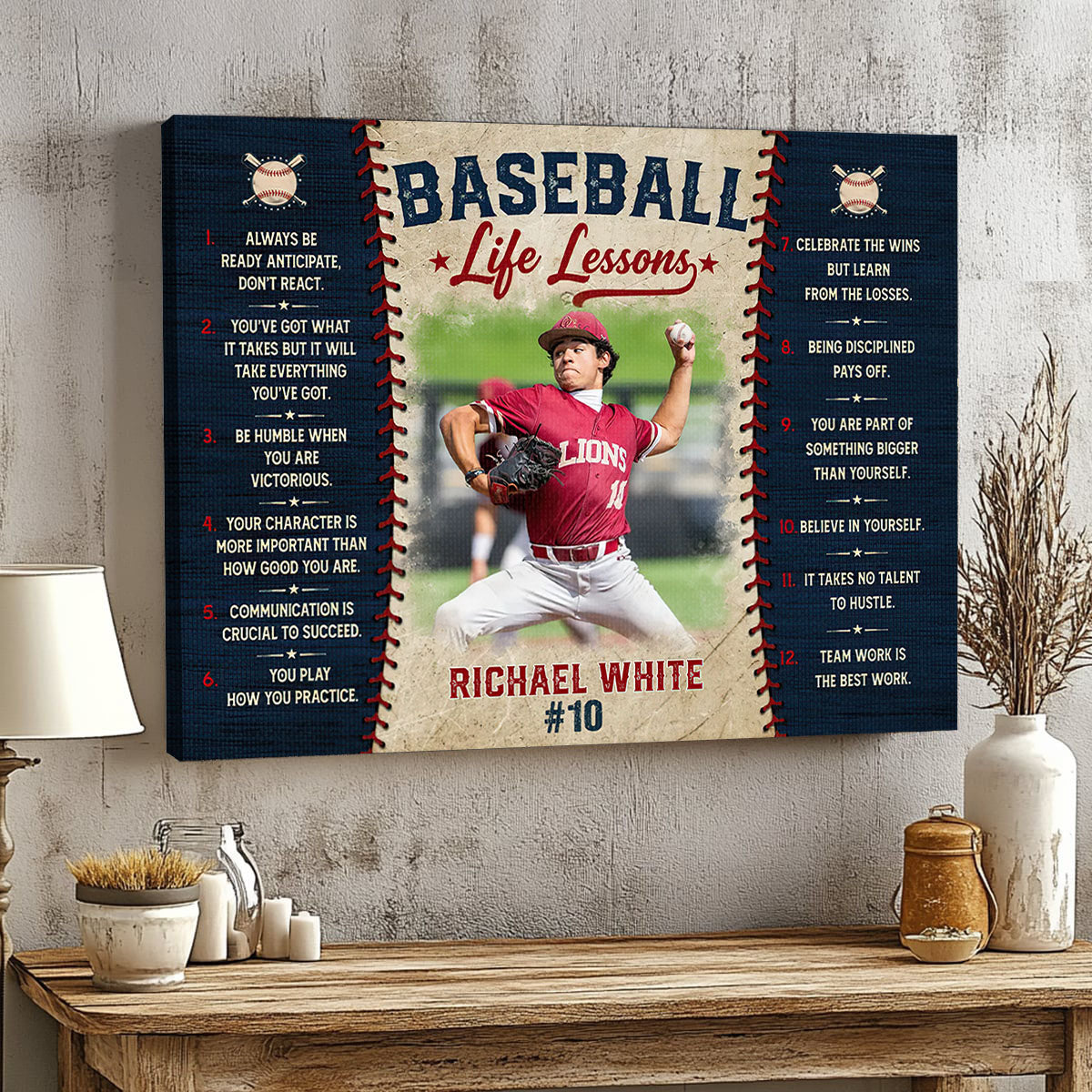 Baseball Life Lessons Canvas, Personalized Baseball Wall Art, Custom Player Name & Number