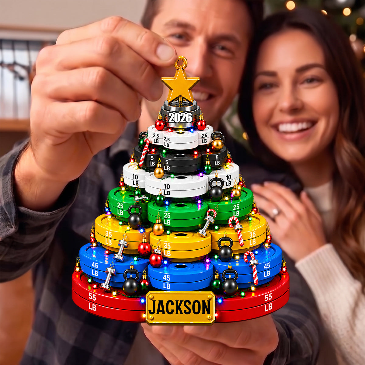 Weight Plate Christmas Tree Acrylic Ornament – Personalized Gym Name Keepsake | Fitness Lover Gift