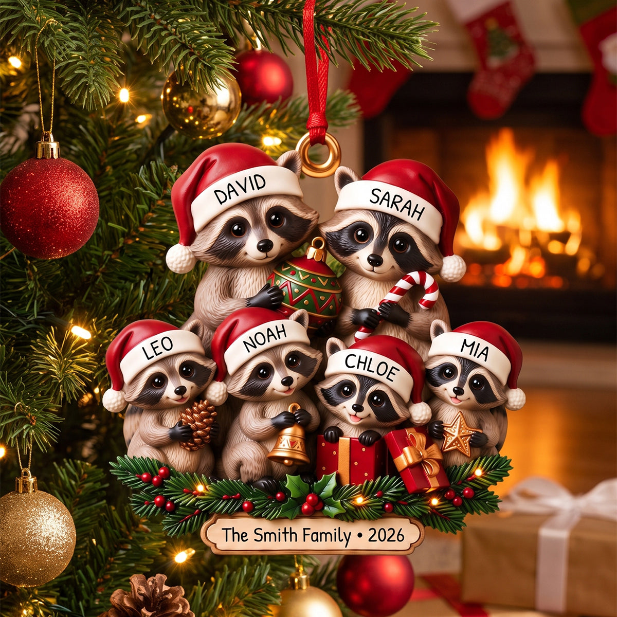 "Lovely Raccoon Family" – Personalized Acrylic Ornament | Christmas Gift For Families