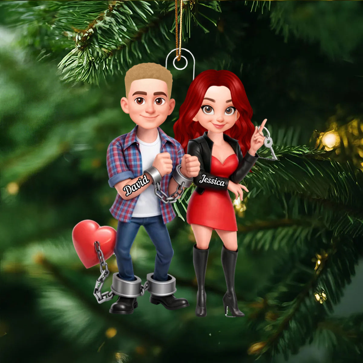Unique Creative Gift For Couples – Funny Cartoon Couple Acrylic Car Hanger With Handcuffed Love Design