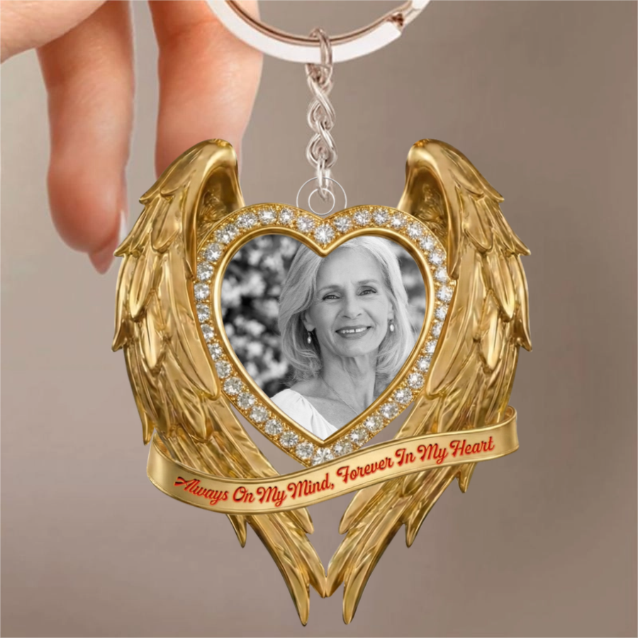 Golden Memorial Heart Wings - Personalized Heart Photo Acrylic Keychain