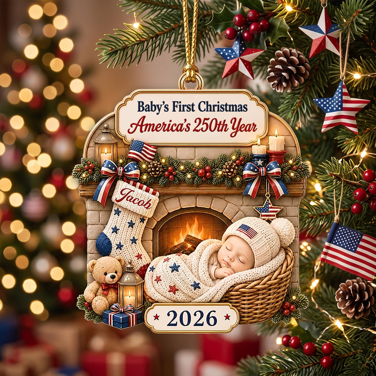 "Tiny Star, Big History" – Custom First Christmas Acrylic Ornament | Personalized America 250th Gift For New Parents