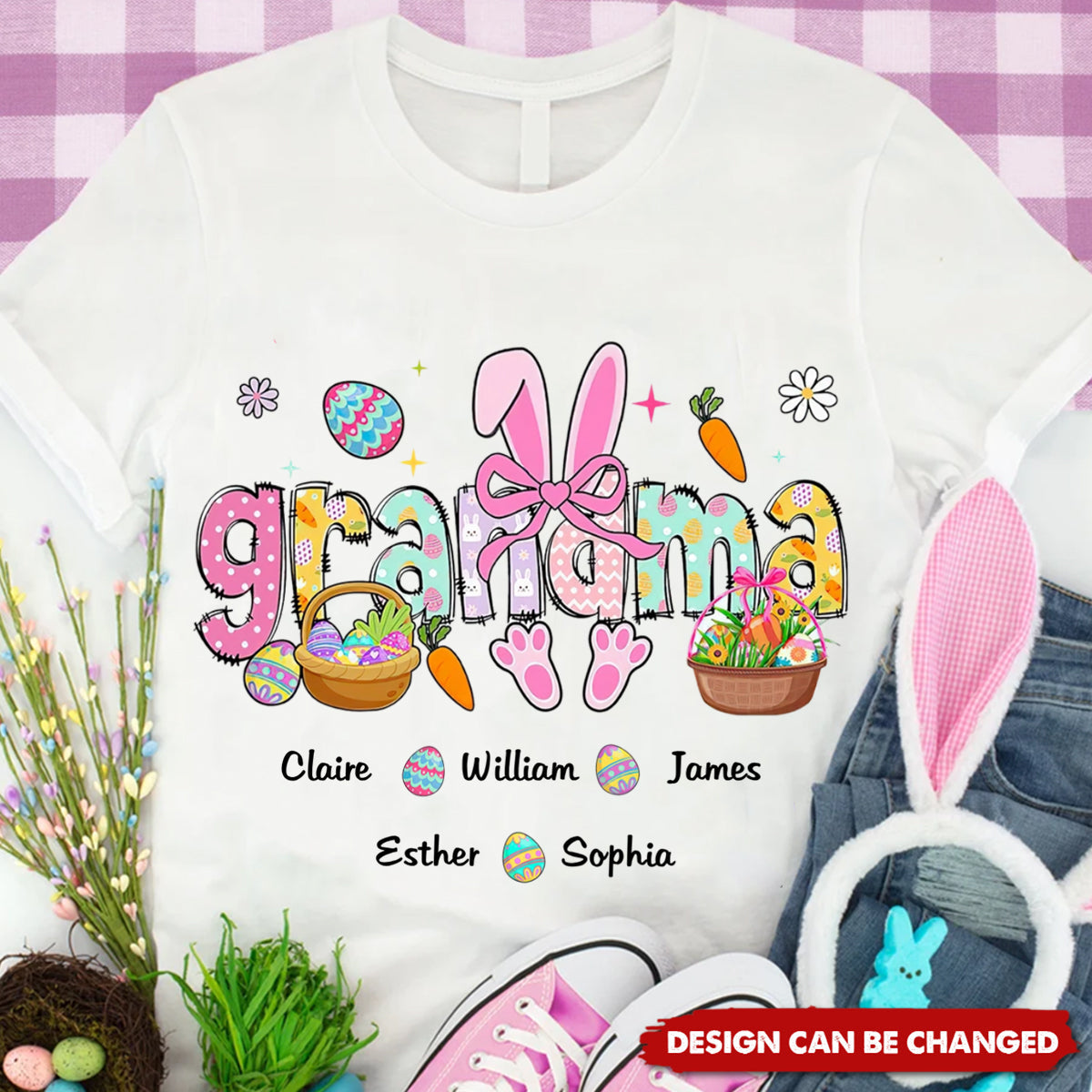 Easter Bunny Coquette Bow Gift For Family, Personalized Grandma And Kids T-Shirt