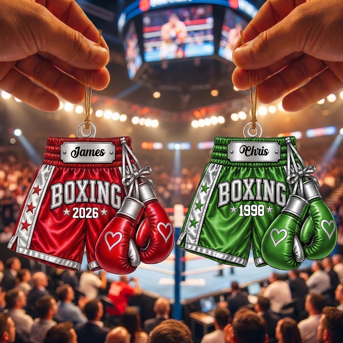 Personalized Boxing Gloves & Shorts Christmas Ornament 2026 – Custom Name Acrylic Keepsake | Gift For Boxers & Coaches