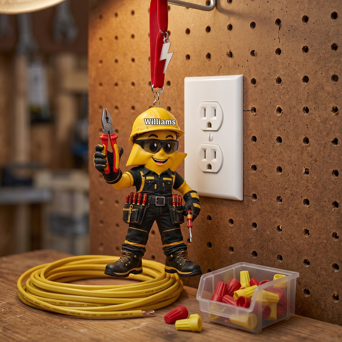 Personalized Electrician Cartoon Acrylic Ornament - Custom Name Cool Worker Mascot With Tools Hanging Charm, Gift For Electrician