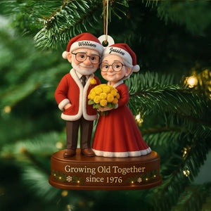 Growing Old Together, Elderly Couple With Yellow Roses, Personalized Acrylic Ornament, Gift For Grandparents