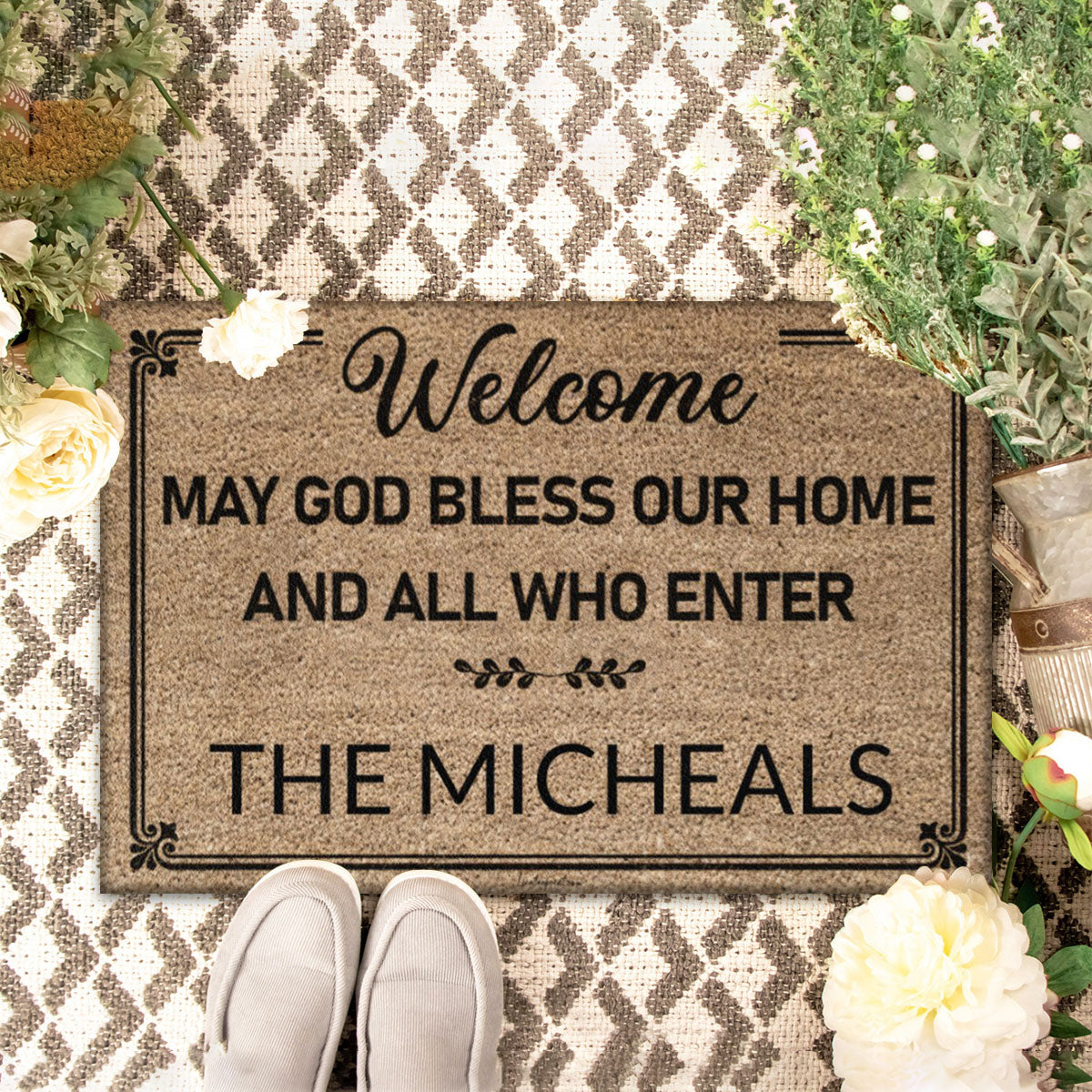 Personalized welcome may God bless our home and all who enter Doormat