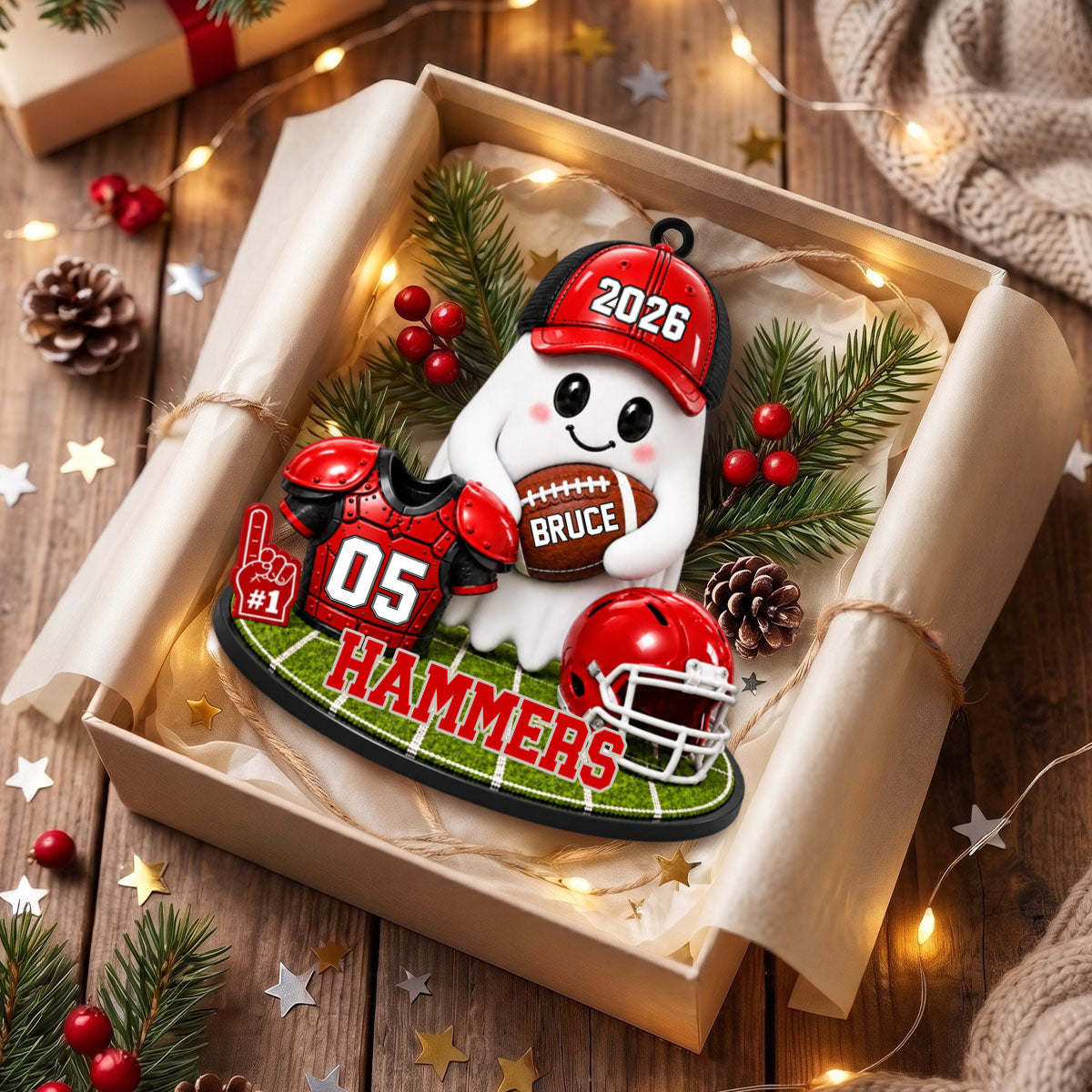 Personalized Football Ghost Christmas Ornament 2026 – Custom Name & Team Keepsake | Gift For Football Players & Fans
