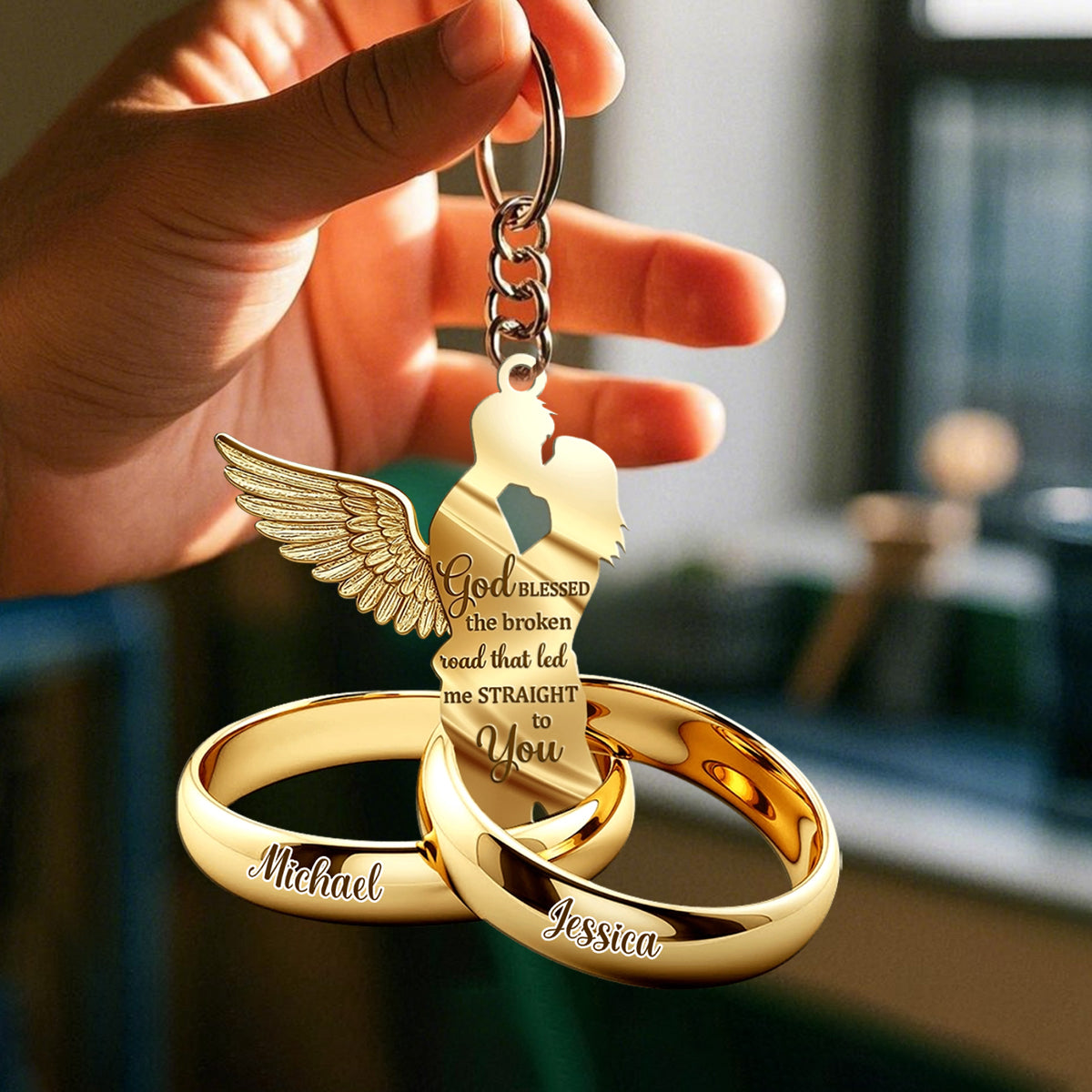 Couple Gift Couple Rings with Wings Personalized Keychain