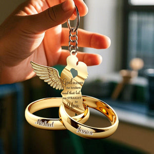 Couple Gift Couple Rings with Wings Personalized Keychain
