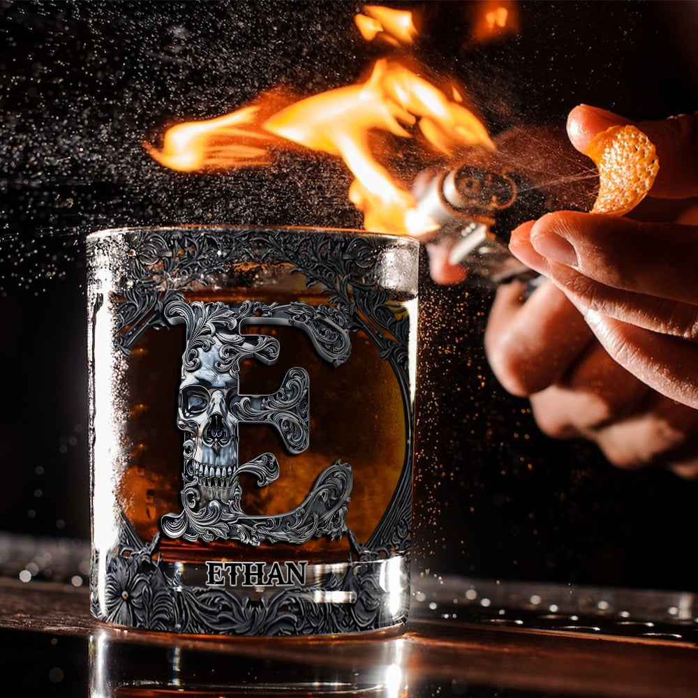 Skull Name Initial Letter - Personalized Whiskey Glass