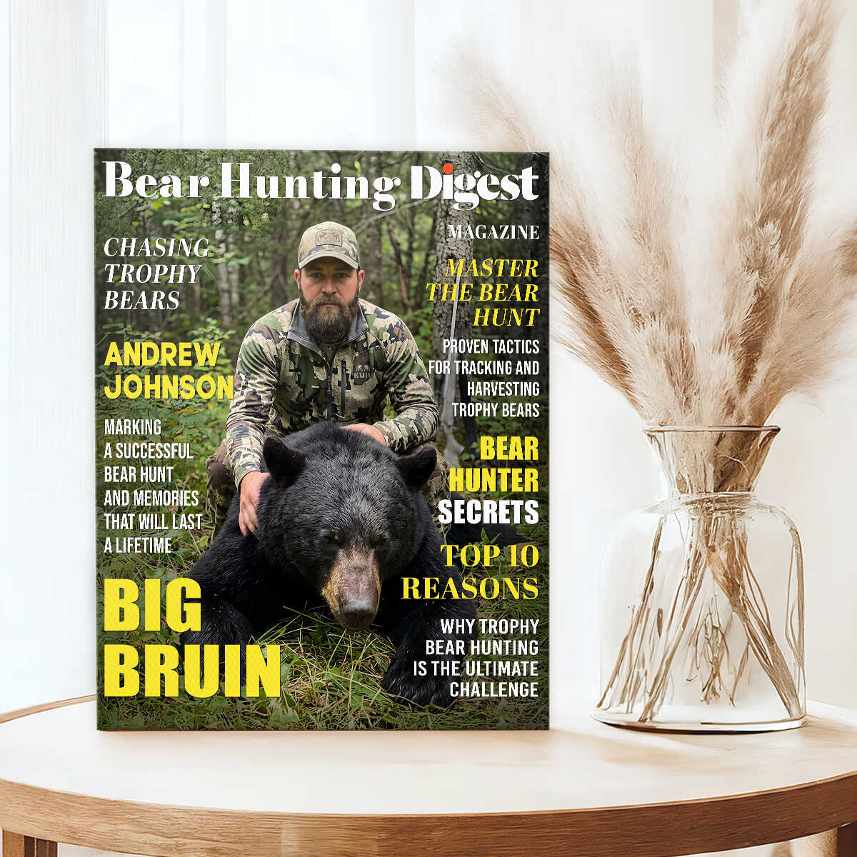 Bear Hunting Digest Personalized Canvas, Custom Photo Bear Hunter Magazine Cover, Hunting Lover Gift
