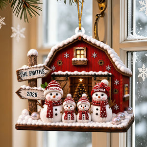 "Our Family Snowman – Red Barn" – Personalized Acrylic Hanging Ornament | Gift For Family