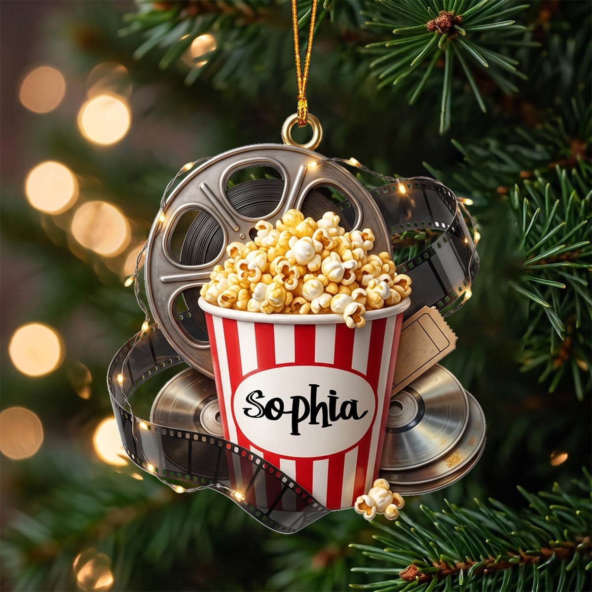 Personalized Movie Night Ornament – Custom Popcorn and Film Reel Decor for Cinema Lovers
