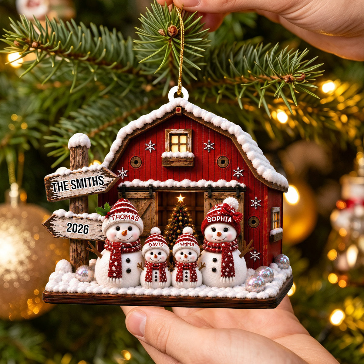 "Our Family Snowman – Red Barn" – Personalized Acrylic Hanging Ornament | Gift For Family