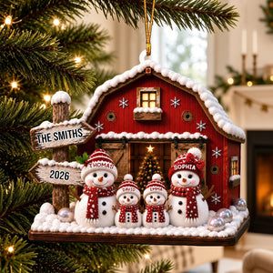 "Our Family Snowman – Red Barn" – Personalized Acrylic Hanging Ornament | Gift For Family