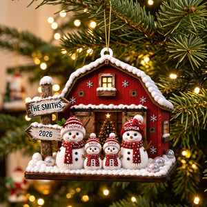 "Our Family Snowman – Red Barn" – Personalized Acrylic Hanging Ornament | Gift For Family
