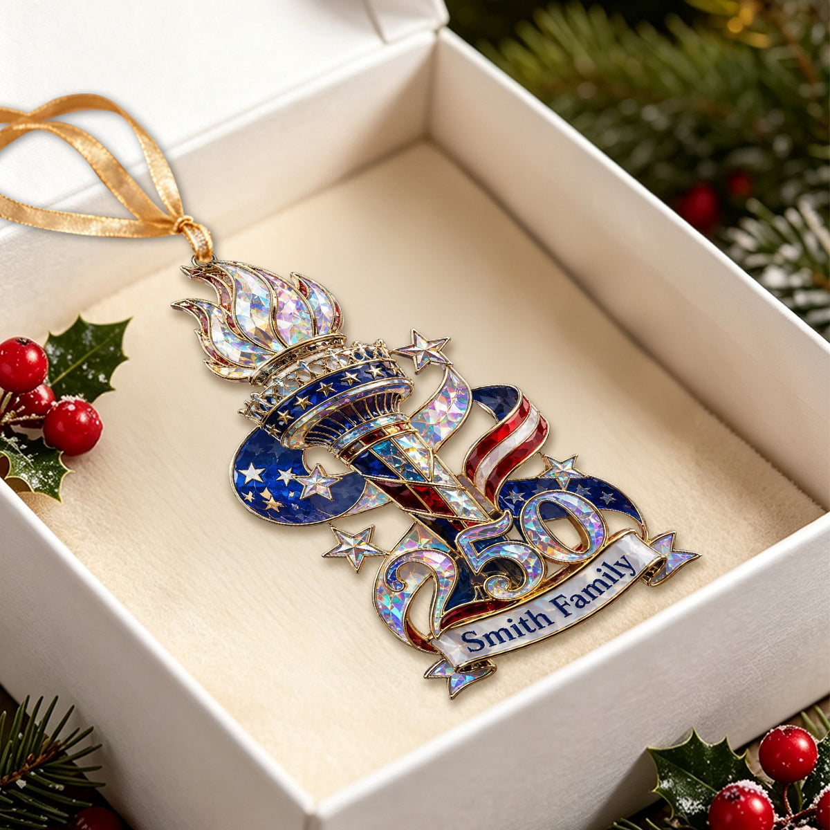 Personalized America 250 Liberty Torch Independence Celebration Hologram Acrylic Ornament