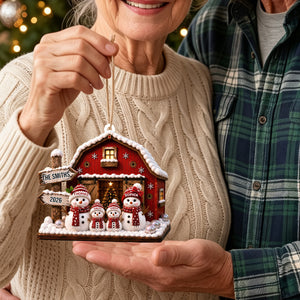 "Our Family Snowman – Red Barn" – Personalized Acrylic Hanging Ornament | Gift For Family