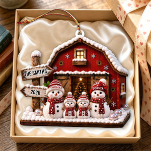 "Our Family Snowman – Red Barn" – Personalized Acrylic Hanging Ornament | Gift For Family