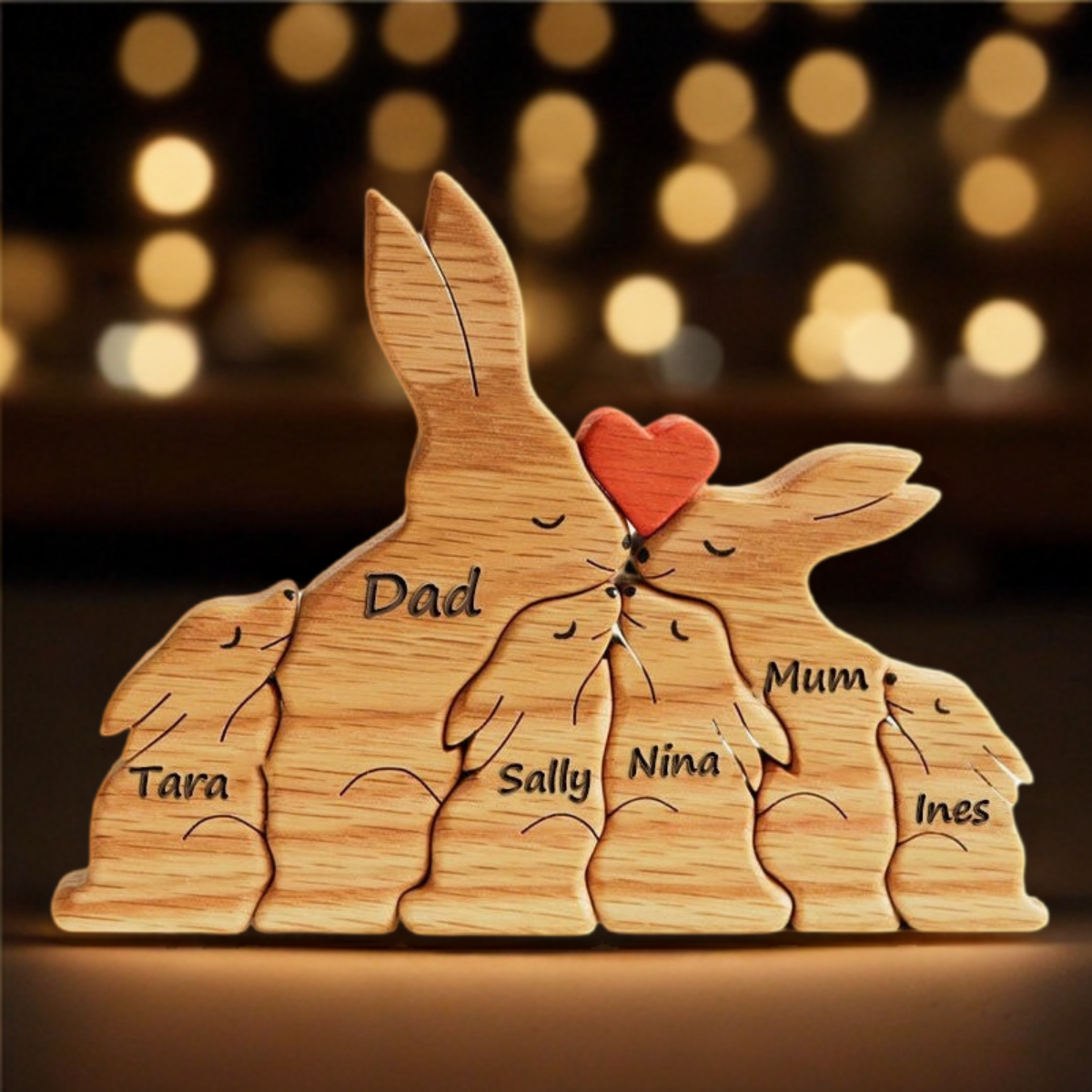 Personalized Wooden Bunny Family Puzzle, Art Carvings Gift For Family