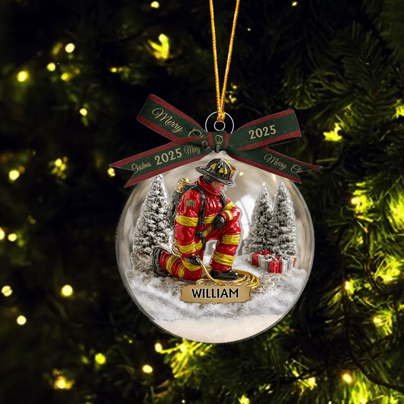 Our Hero Firefighter - Personalized Firefighter Snow Globe Ornament With Bow
