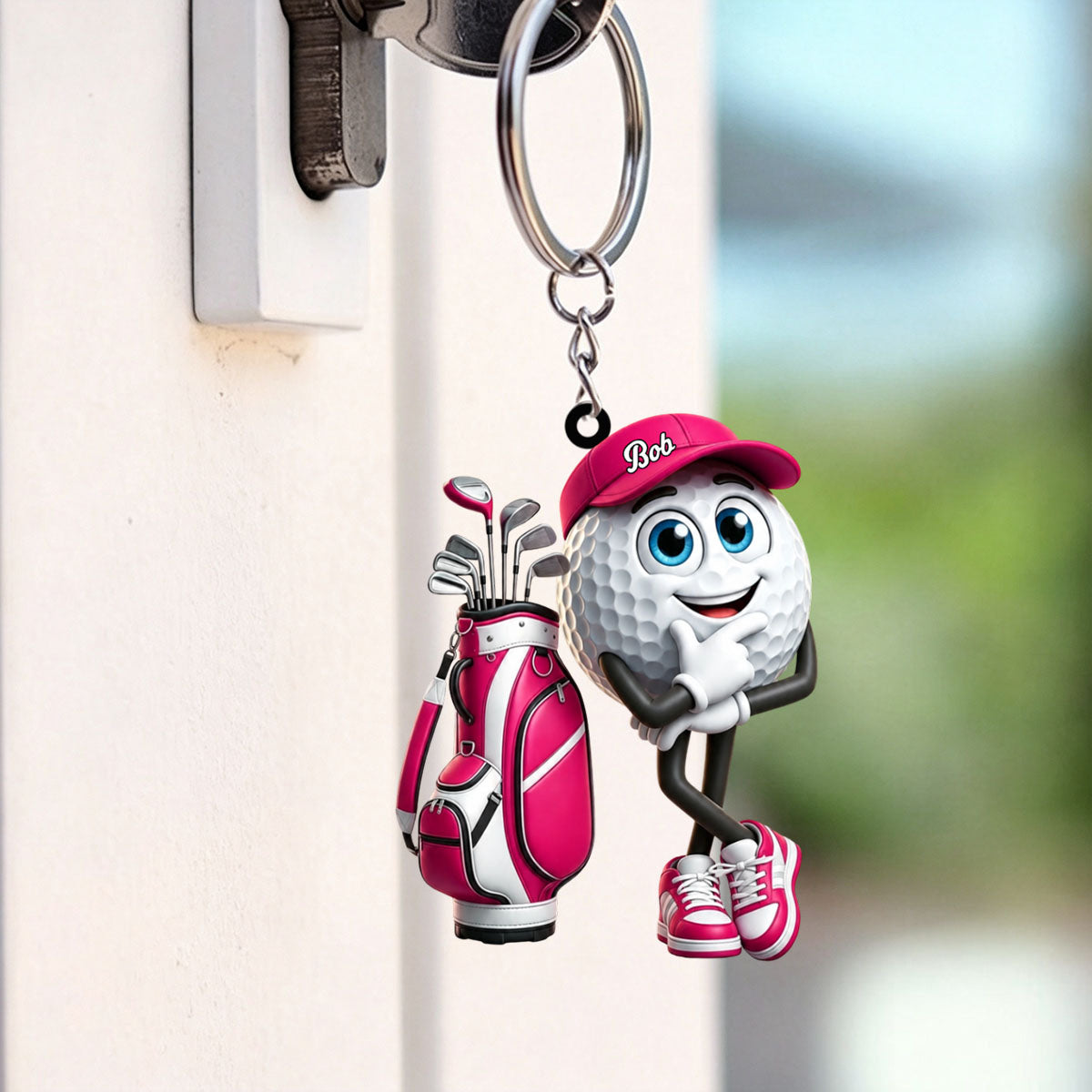 Thinking Pose Golf Buddy Keychain - Personalized Cute Golf Ball Mascot Keychain