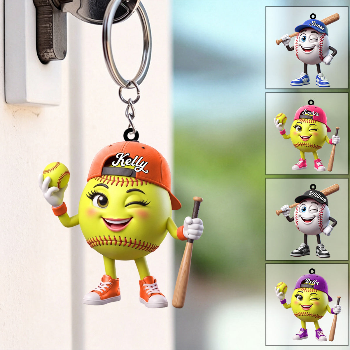 Playful Wink Baseball Softball Player Keychain - Personalized Cute Mascot Keychain