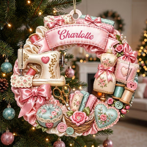 Custom Name Sewing Machine Wreath,Personalized Christmas Ornament Gift For Sewing Lovers