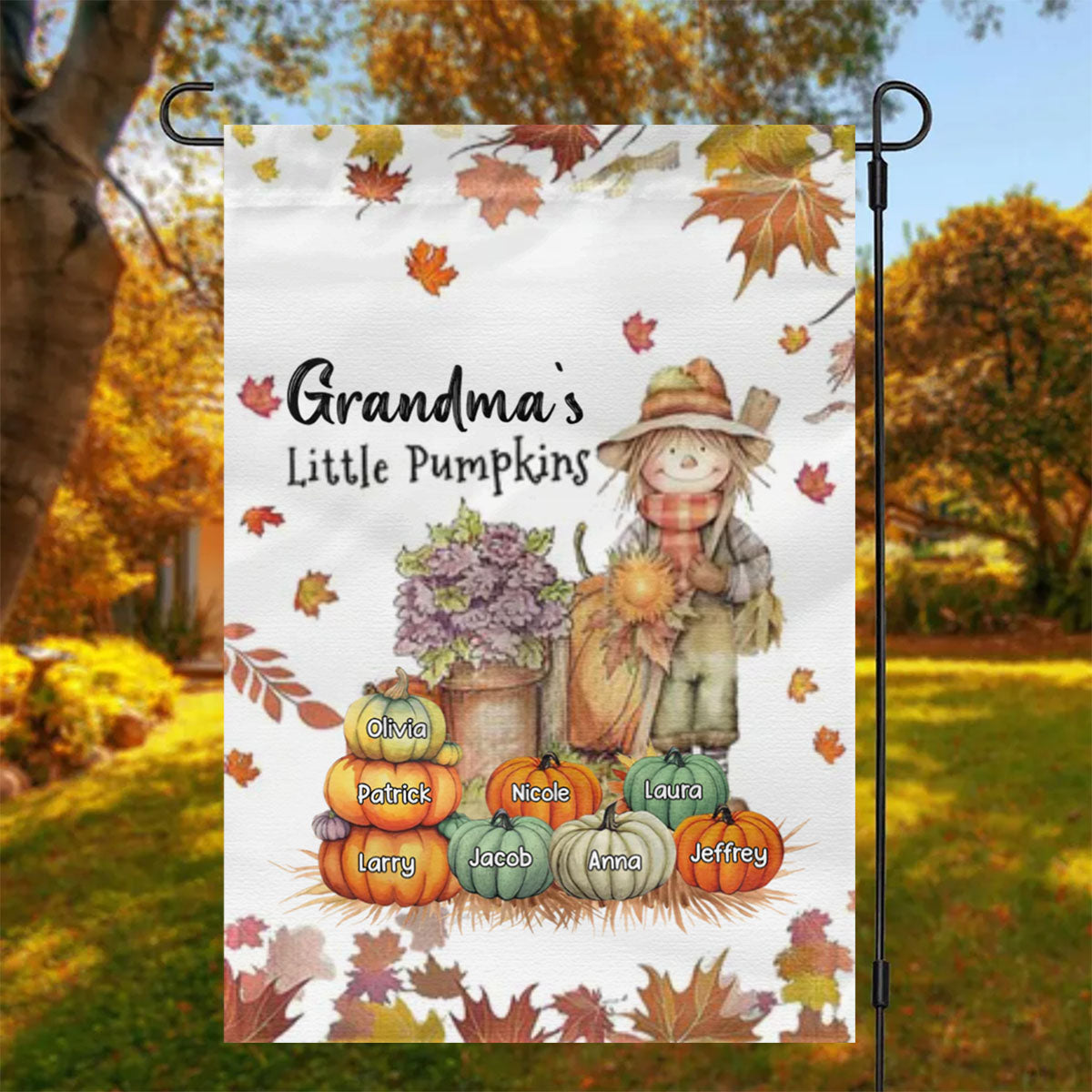 Fall Season Nana's Little Pumpkins Scarecrow Grandma Personalized Garden Flag House Flag