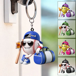 Baseball Softball , Bat And Cold Brews Keychain - Personalized Cool Baseball Softball Ball Mascot Keychain
