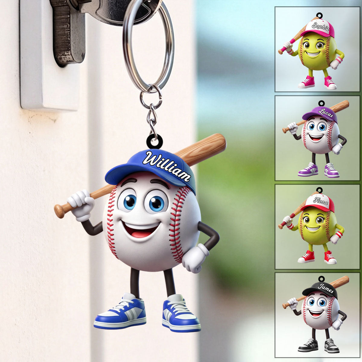 Baseball Softball Batter Keychain - Personalized Cool Baseball Softball Ball Mascot Keychain