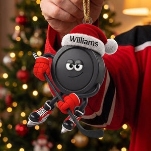 Custom Sly Santa Hockey Hanging Ornament – Personalized Smiling Puck Character With Stick & Skates | Christmas Sports Gift