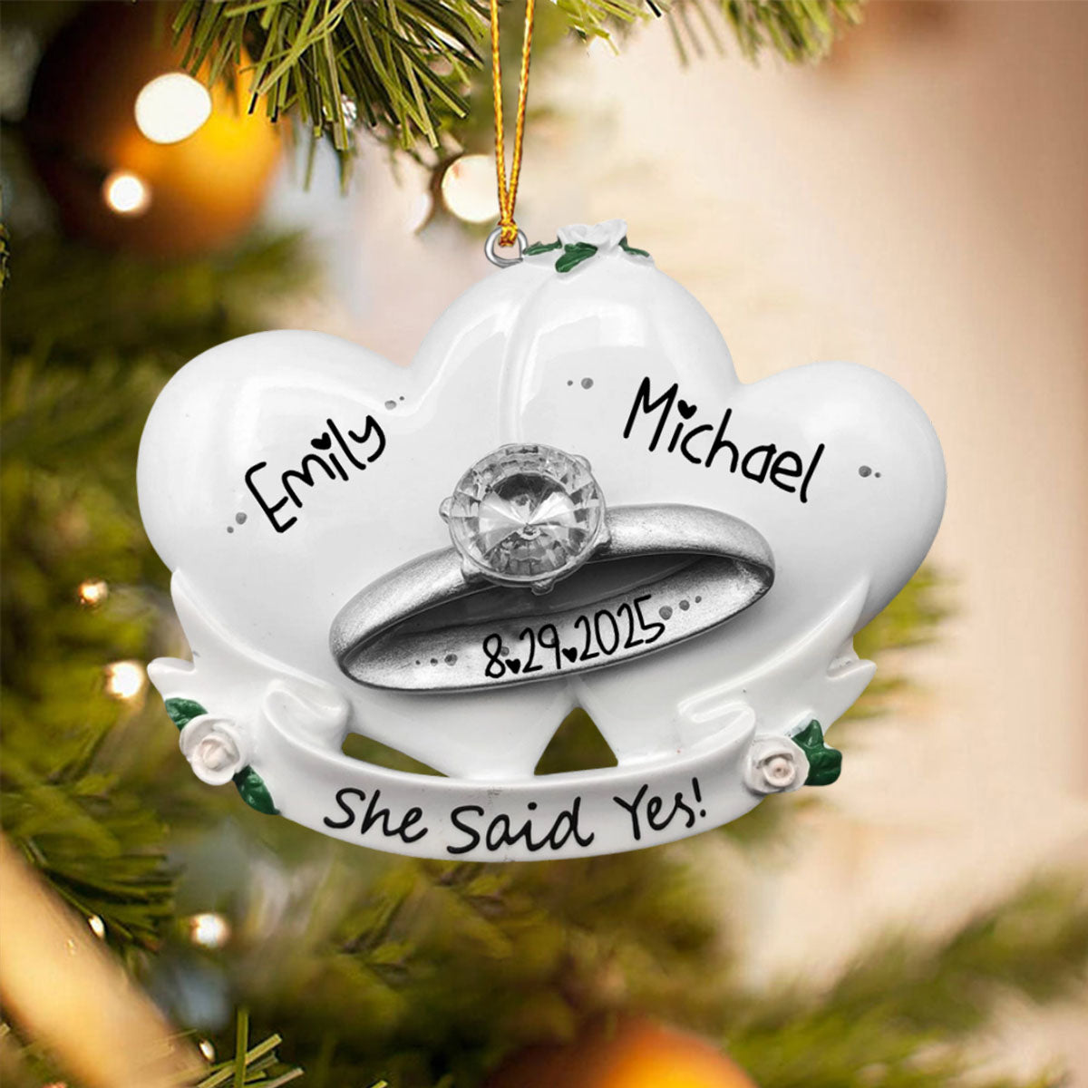 She Said Yes Engagement Ring Personalized Christmas Ornament