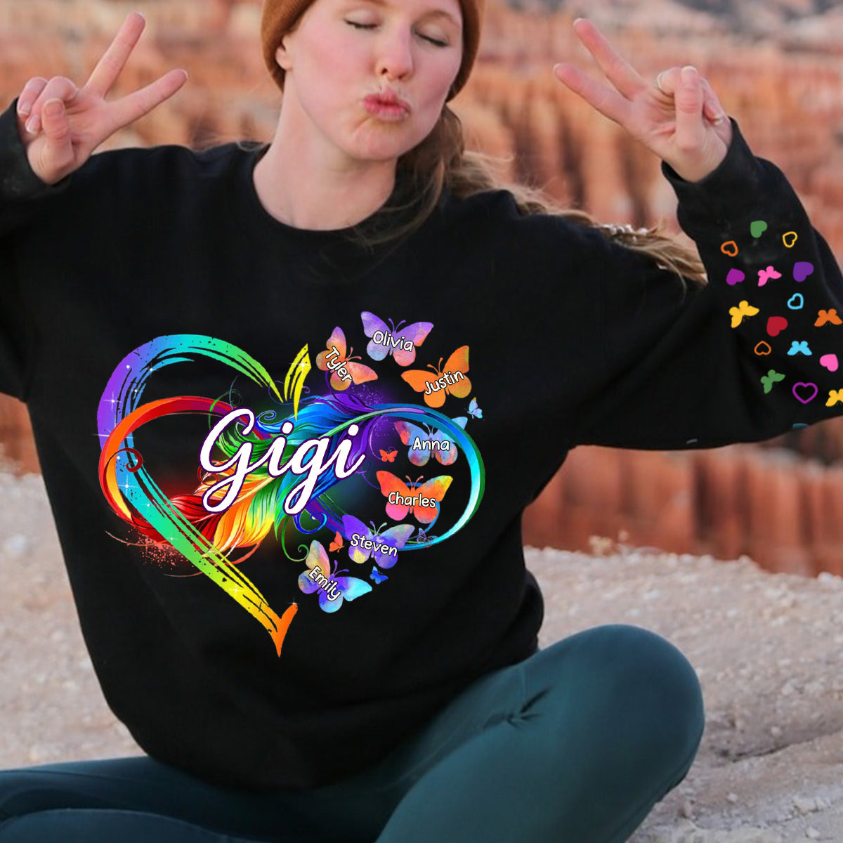 Grandma Mom Infinity Heart Butterflies Personalized Sleeve Printed Sweatshirt