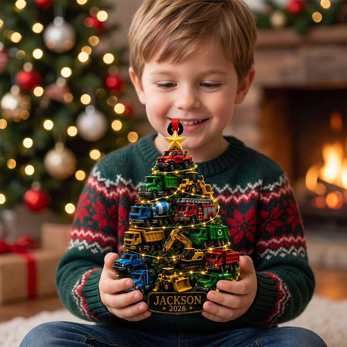 Custom Truck Kid Christmas Ornament – Personalized Name Construction Truck Decor | Gift For Child