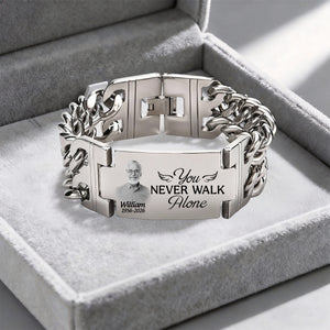 Custom Photo You Never Walk Alone Memorial - Personalized Engraved Bracelet Double Chain