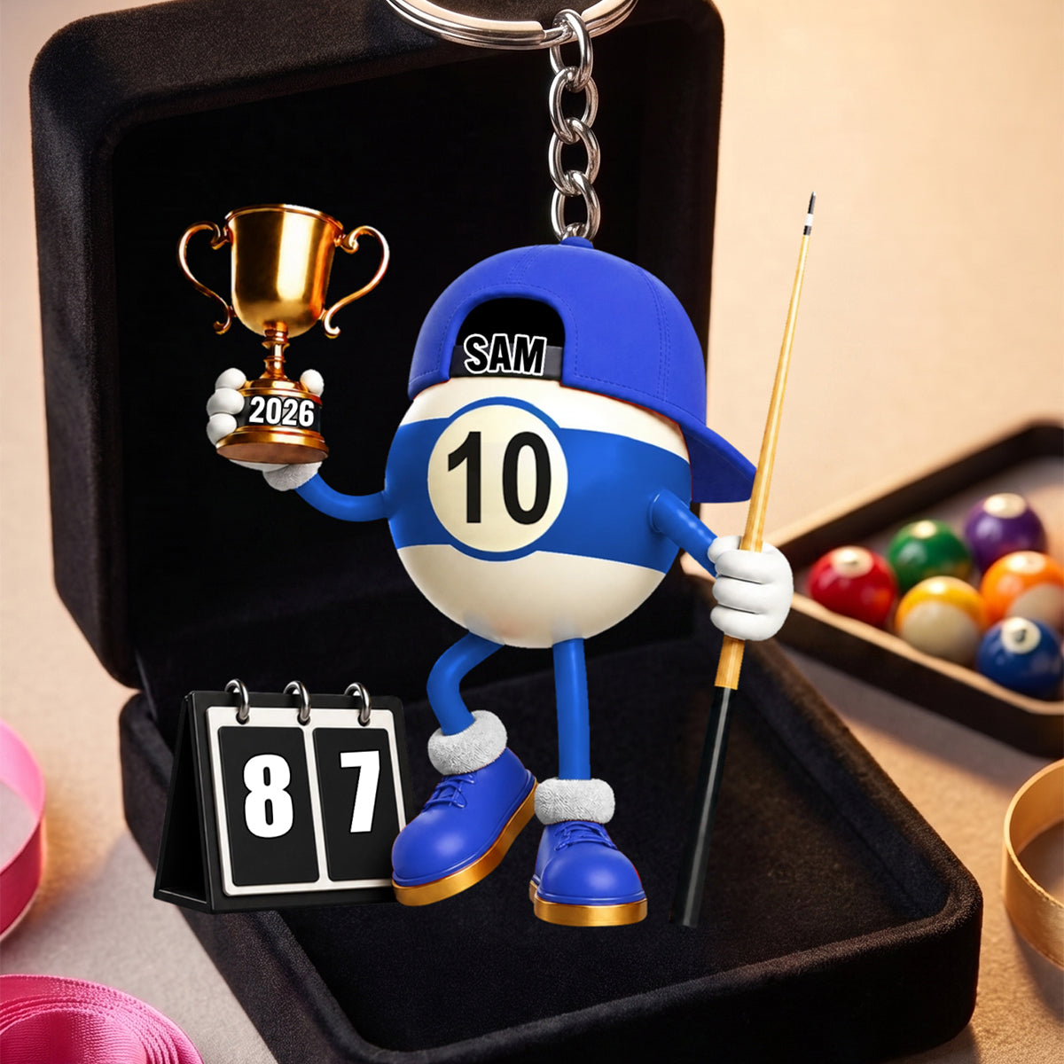 Personalized Cartoon Billiard Ball Champion Mascot Acrylic Keychain – Trophy & Cue Stick Gift For Pool Lovers