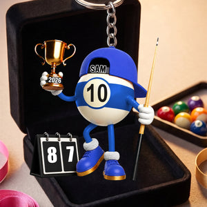 Personalized Cartoon Billiard Ball Champion Mascot Acrylic Keychain – Trophy & Cue Stick Gift For Pool Lovers