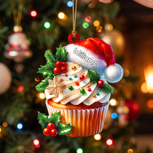 Personalized Santa Hat Cupcake Acrylic Ornament - Custom Holiday Tree Charm