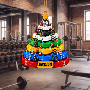 Weight Plate Christmas Tree Acrylic Ornament – Personalized Gym Name Keepsake | Fitness Lover Gift