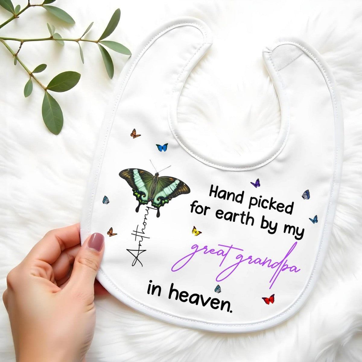 Hand Picked for Earth By My Great Grandpa in Heaven-Personalized Baby Bib Memorial Gift for Family