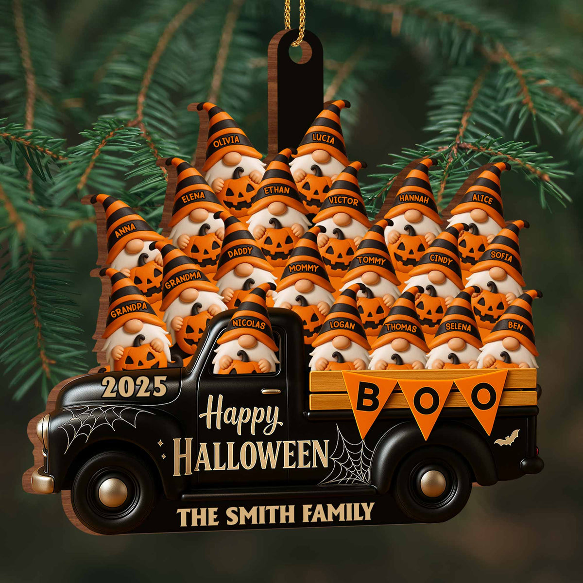 Happy Halloween Family Truck With Pumpkins, Personalized Custom Wood Ornamen