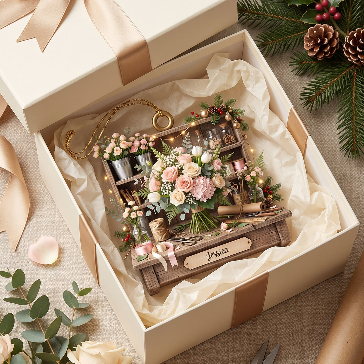 Personalized Romantic Florist Studio Ornament, Miniature Floral Workstation Christmas Decor