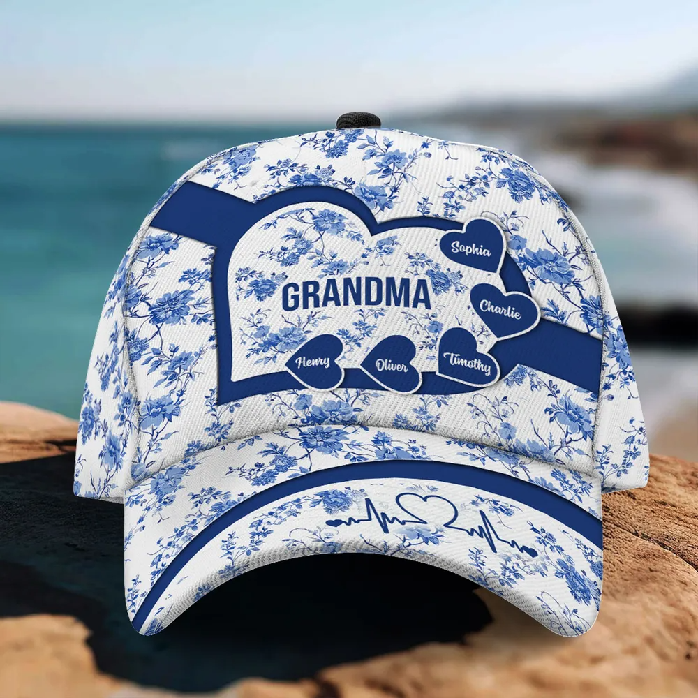 Blue Heart Floral Chinoiserie Patterned Personalized Cap, Mother's Day gift for Mom, Grandma