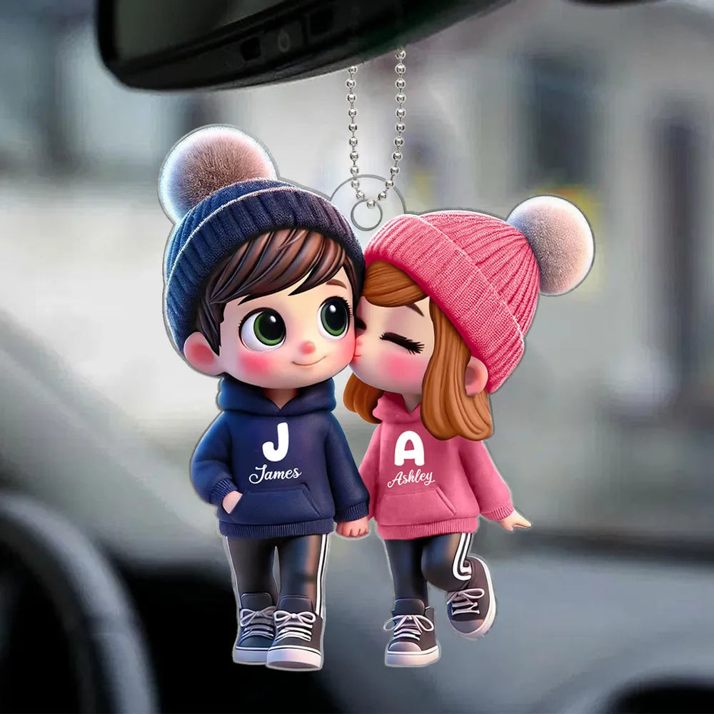 Cute Cartoon Couple Walking Personalized Car Ornament, Gift for him, her